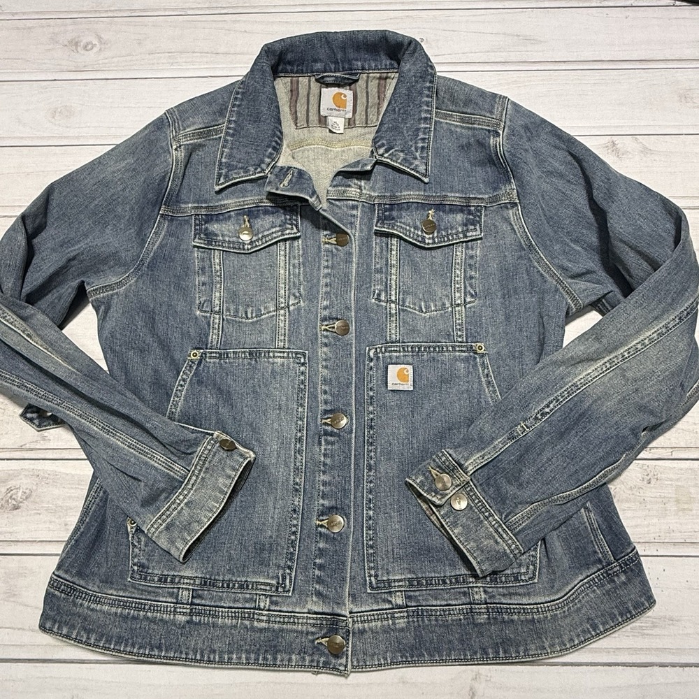 Carhartt Jacket Womens XL 16/18 Benson Denim Rugged Lined Workwear 102970 414